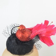 Pillbox Headpiece with Red Glitter Feathered Bird and Black Tulle Veil