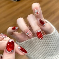 Red Cat Eye Fireworks Handmade Press On Nails Christmas New Year Gift Glitter Diamond Fake Nails Sho