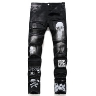 【CW】Men'S Pants Streetwear Fashion Trousers Jeans Skull Black Denim Biker High Quality Male Casual Designer Ripped Comfortable