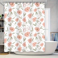 Elegant Bathroom Decor Shower Curtain SetFloral Poppy Pink Green Print with ROSE Text 72 x 84 Inches