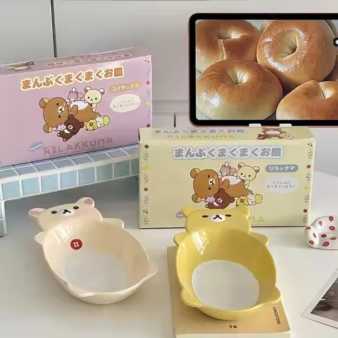 San X Rilakkuma Cartoon Ceramic Plate Cute Bear Brother Bear Sister Rice Bowl Salad Fruit Bowl For H