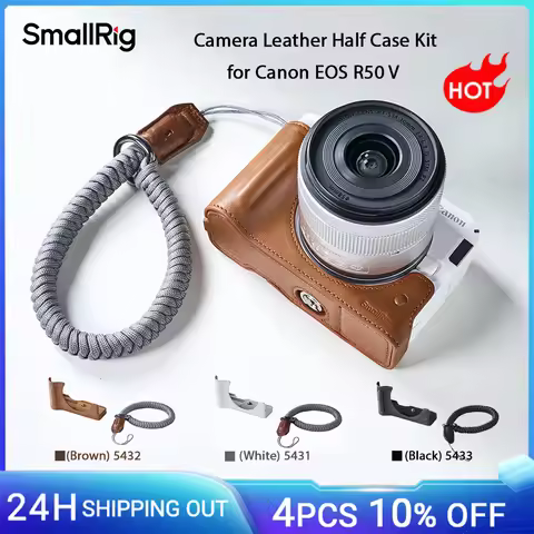 SmallRig EOS R50 V Camera Leather Half Case Kit for Canon EOS R50 V with Woven Wrist Strap Adjustabl