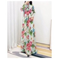 Seablue Maxi Dress Modern Panjang Muslim Cassual Motif Bunga Import
