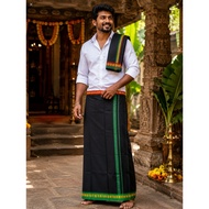Premium Men’s Traditional Cotton Dhoti with Angavastram Set | Black Green Border Veshti for Temple W