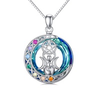 Chakra Triple Moon Goddess Lotus Hamsa Hand AA Crystal Necklace 925 Sterling Silver Lilith Hecate Me