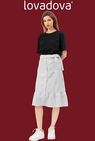 Chân váy sơ mi màu trắng xanh kèm belt vải jean Lovadova DS1201
