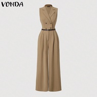 VONDA Womens Business Casual Lapel Sleeveless Jumpsuit Pants Office OL Double-breasted Solid Rompers