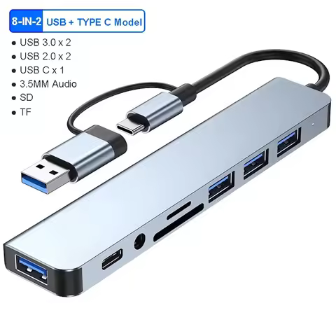 8-in-2 USB-C & USB-A Hub, Multi-Port Adapter with 3.5mm Audio Jack, USB 3.0, TF/SD Card Readers, for