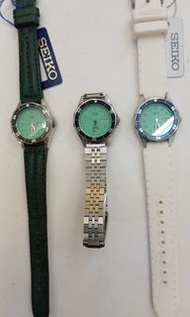 ( 日本國寶級）( 罕有100％全新1984年日本制造JDM精工迷你綠水鬼 ) Seiko JDM Tiffany Blue Silver-Wave 2A23-012B Day/Date 50mete