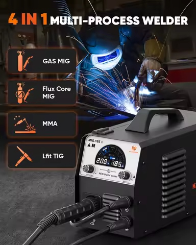 HZXVOGEN MIG 185A Gas MIG/Flux Core/MMA/Lift TIG 4 in 1 Multi Process Welding Machine Large LED Disp