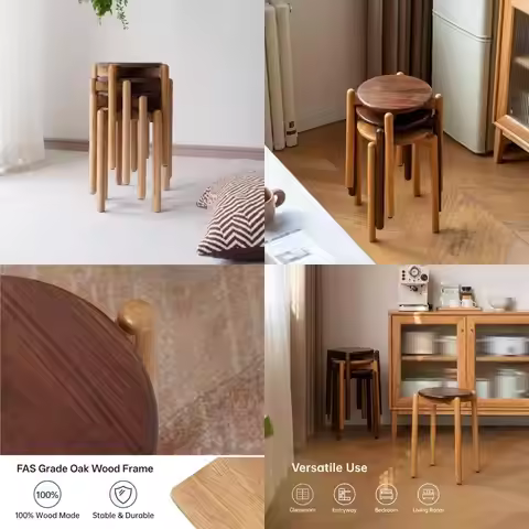 Set of 4 Stackable Wooden Stools, Small Round Plant Stand, Ideal for Dining, Living Spaces, and Educ