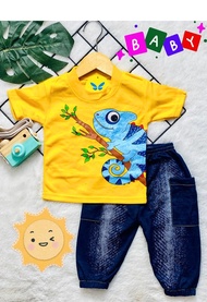 Setelan baju bayi anak laki motif karakter IGUANA FREE KANTONG DI CELANA PANJANG/usia 3bln-18 bln.