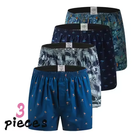 3PCS Men's Cotton Boxer Shorts Printed Pattern Men's Underwear Casual Shorts Pajamas Summer Breathab