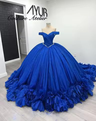 RoyalBlue Tulle Ruched Train 15 Year Old Quinceanera Dress 2025 Sweetheart Princess Sweet 16 Dress P