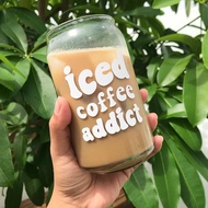 Aesthetic glass cup, COFFEE cup sticker, ICED COFFEE ADDICT