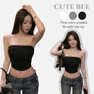 CuteBee 7/8 Tube Top With Foam Padding And Small Diamonds Plain Color Comfortable To Wear Soft Fabri