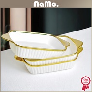 Namo Gift - Piring & Mangkuk Makan Keramik Putih Tebal List Gold Elegan/ Piring Keramik Sultan Mewah