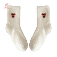 fulaide- Cute Embroidered Cow Socks Fuzzy Crew Socks Cozy Plush Fuzzy Highland Cow Socks for Women –
