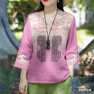 Women's Oversized Barong T-shirt with Floral Print - 3/4 Sleeve