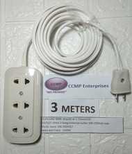 3 meters Heavy Duty Extension Cord wire (3)Three Gang flat cord #16 white wire