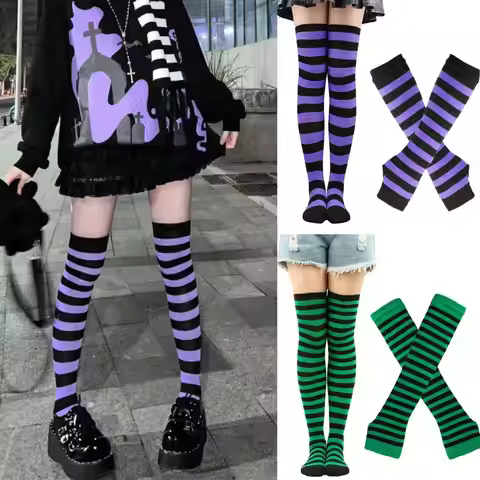 Women Striped Stocking Arm Sleeve Gloves Mittens Set Christmas Halloween Cosplay Party Props Thigh H