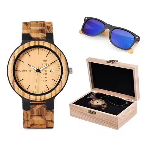 BOBO BIRD Classic Men Custom Wood Watch and Wooden Sunglasses Suit Present Box Gift Set for Dad Fath