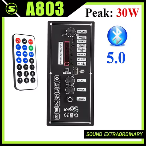 A803 30W Amplifier Board with Remote Control DC 5V MP3 Decoder Bluetooth 5.0 USB AUX U-Disk MIC for 