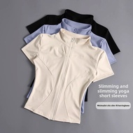 Zip-Up Yoga Top Short Sleeve Fitted Workout Top Slimming Sportswear for Women Gym Pilates