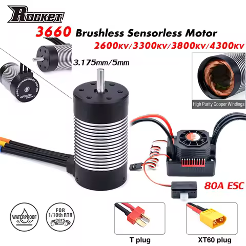 Rocket Waterproof Brushless Sensorless 3660 Motor 3.175/5mm with 80A ESC T/XT60 Plug Combo for 1/10 