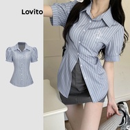 Lovito Preppy Blouse Striped Embroidery Button Front Puff Sleeve Blouse for Women L58AD035 (Blue)