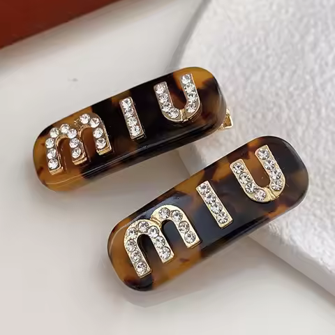 Cute girl diamond hair accessory MIU letter crystal hair clip leopard print acetate women's hair cli