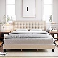 Senfot Queen Size Bed Frame, Linen Upholstered Platform Bed Frame with Adjustable Headboard and Strong Wooden Slats, Non-Slip and Noise-Free, No Box Spring Needed, Easy Assembly, Off White