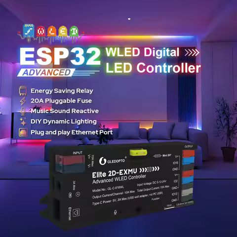 5NEW GLEDOPTO Elite 2D EXMU Ethernet ESP32 WLED Tuya Zigbee LED Controller with MIC 20A Fuse DIY Dyn