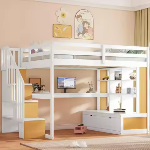 Full Loft Bed Frame with Desk Underneath,Full Loft Bed with Stairs & Desk,Wood Loft Bed Full with St