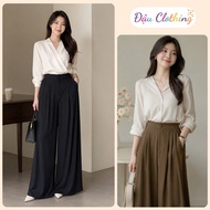 Women's Big Size Wide Leg Pants Elegant Pleated Buttoned Mango Fabric Straight Form Q593