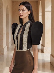 Amyenjoylife Áo sơ mi nữ thêu tay áo bong bóng thanh lịch phong cách dân tộc Bolero filipiniana hiện