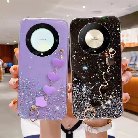 Magic5lite Love Heart Wrist Chain Glitter Case For Huawei Honor Magic 5 6 Magic5 Lite 70 90 50 X8 X6
