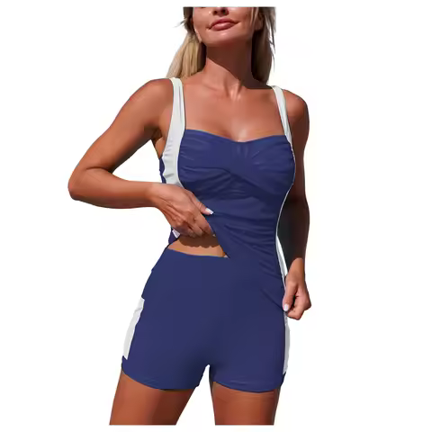 Color Match Two Pieces Womens' Split Swimsuit Tankini Set Conservative Ruched Swim Top Vest+Bikinibo