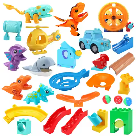 Big Building Blocks Marble Race Run Rotated Wheel Plane Pop Car Dinosaur Funnel Slide Chute Track Ro