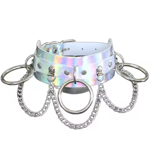 Gothic Style Fetish Gear — O‑Ring Holographic Leather Collar with Leash Restraint Neck Band BDSM Nec