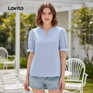 (trendy6)Lovito Elegant Blouse Frill Simple Commute Spring/summer Light Blue Blouse for Women L155ED