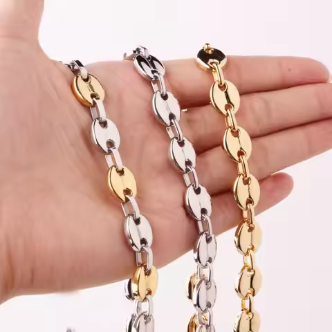 7/9/11mm 7-40" High Quality Mens Womens 316L Stainless Steel Silver Gold Color Coffee Bean Beads Cha