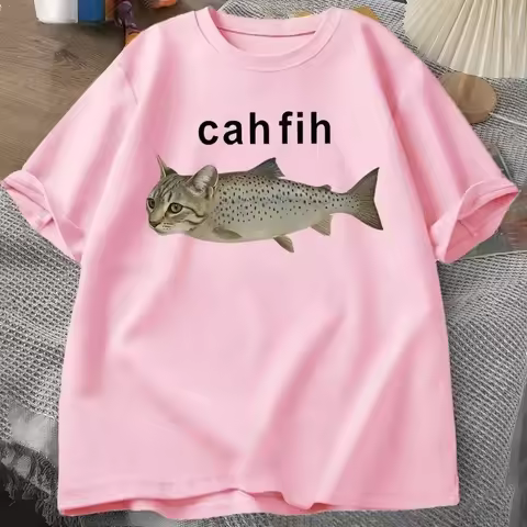 Cah Fih T-Shirt Fih Funny Mispelled Fish Meme T Shirt Cat and Fish Graphic Humor Tshirt Casual Short