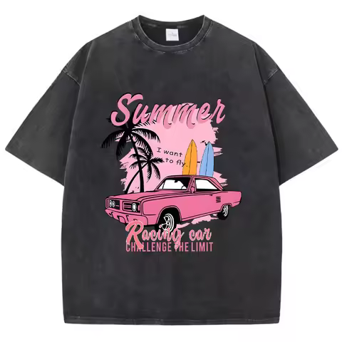 Casual Women Cotton Washed T-Shirt Summer Racing Car Challenge The Limit Print Tees Street Oversize 