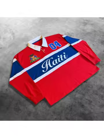 Mens Polo Shirt Harajuku Y2K Streetwear Striped Contrast Rugby Polo Long Sleeve Haiti Embroidery Loo