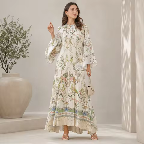 Printed Women's Maxi Dresses O-neck Big Swing Oversized Dress Irregular Hem Dresses Bohemian Female 