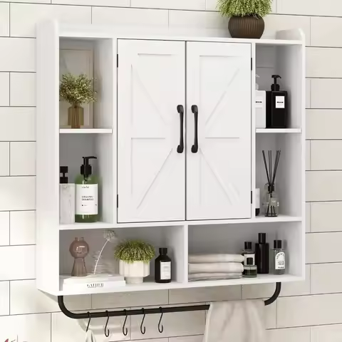 Farmhouse Style Wall-Mounted Bathroom Cabinet with Storage and Two Bars