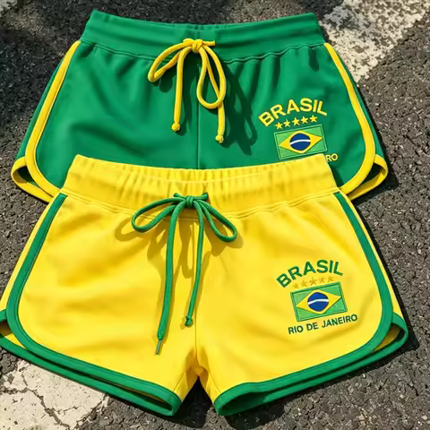 Summer Brasil Flag Print Contrast Piping Drawstring Waist Dolphin Shorts Daily Streetwear Slim Y2K T