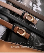 Coach เข็มขัด2023สำหรับผู้หญิงใหม่2.5ซม. เข็มขัดหนังแท้สองด้านพร้อมกล่องของขวัญเข็มขัดสีเบจคุณภาพสูงหัวเข็มขัดหนังแท้