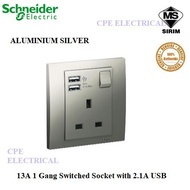 Schneider Vivace KB15USB 13A 1 Gang Switched Socket with 2.1A USB - Aluminium Silver
